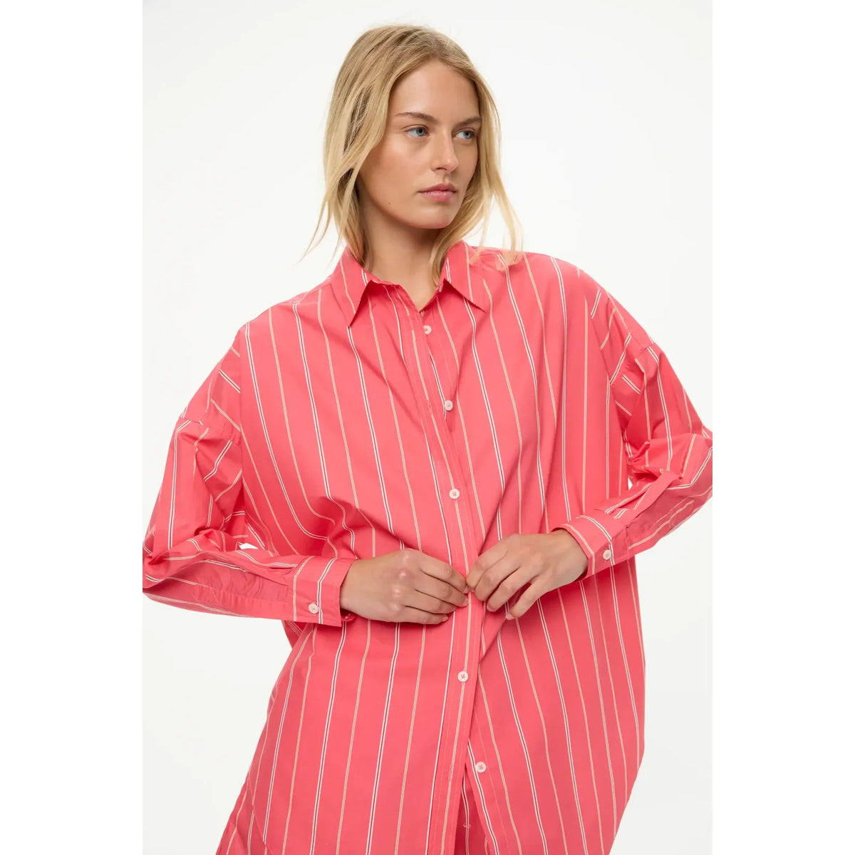 LMND Mara Striped Oversized Long Sleeve Shirt - Watermelon/Salsa/Orange/Natural White Smoke