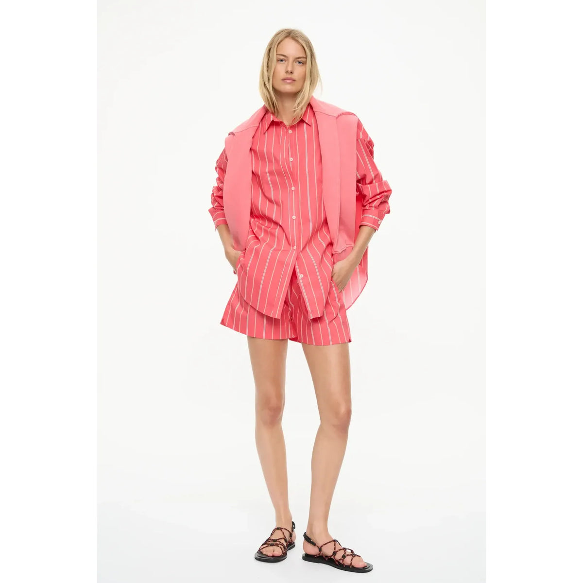LMND Mara Striped Oversized Long Sleeve Shirt - Watermelon/Salsa/Orange/Natural White Smoke
