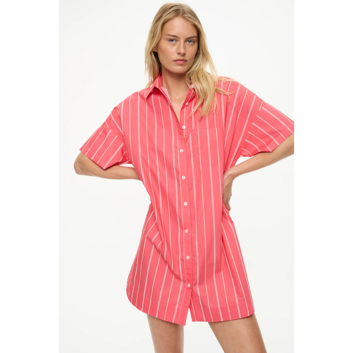 LMND Chiara Striped Short Sleeve Mini Dress - Watermelon/Salsa/Orange/Natural White Smoke