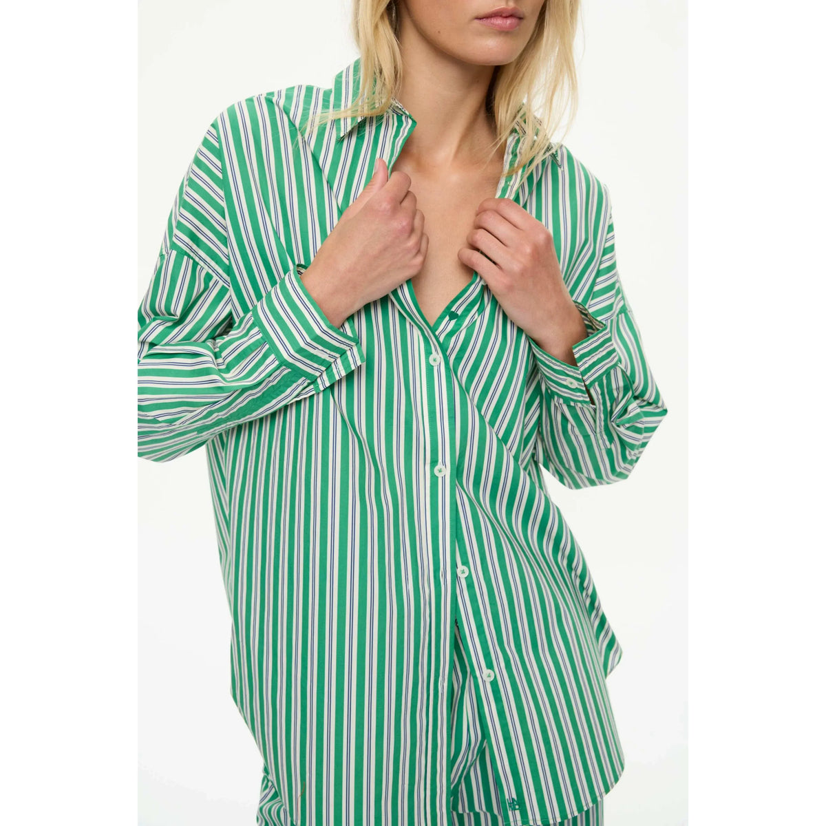 LMND Mara Striped Oversized Long Sleeve Shirt - Green Hills/White/Navy Cadet Blue