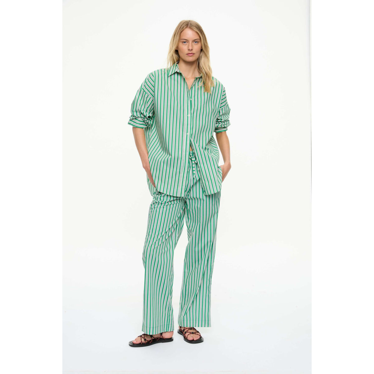 LMND Mara Striped Oversized Long Sleeve Shirt - Green Hills/White/Navy White Smoke