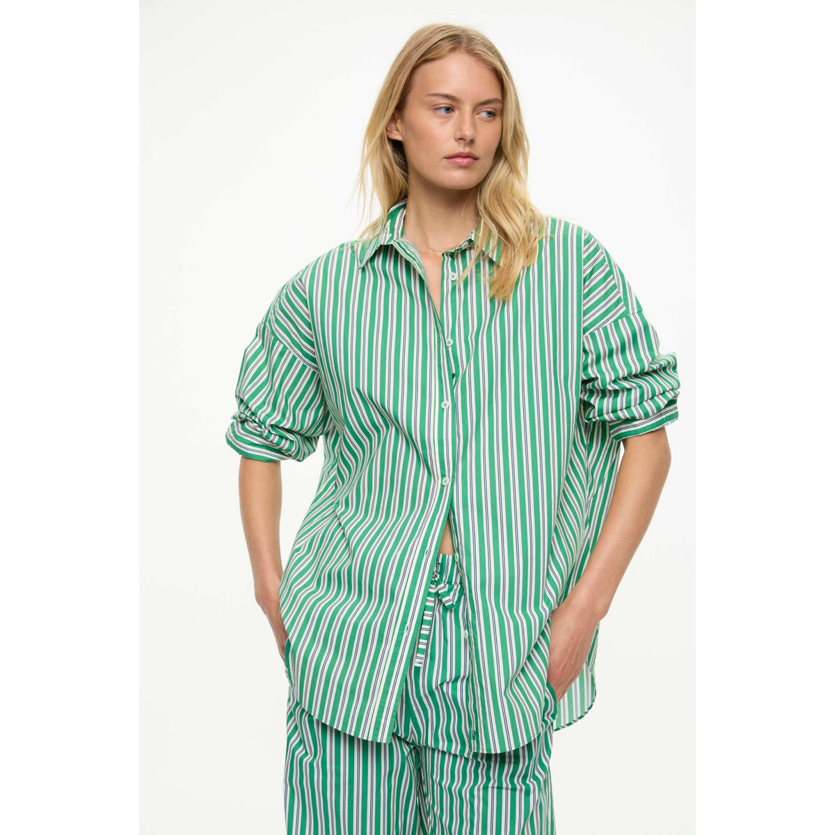 LMND Mara Striped Oversized Long Sleeve Shirt - Green Hills/White/Navy White Smoke