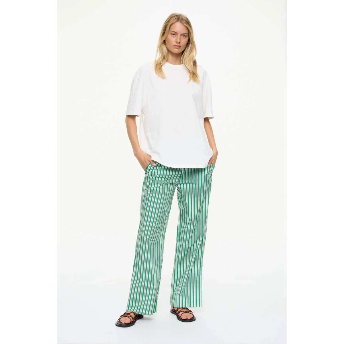 LMND Cala Striped Drawstring Pants - Green Hills/White/Navy White Smoke
