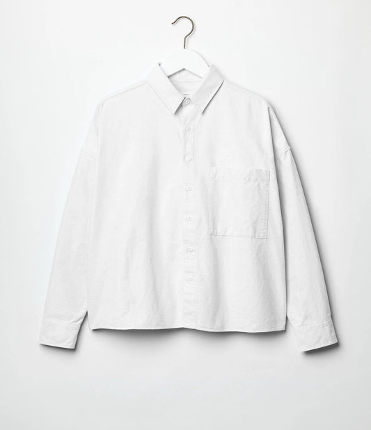 Cropped Boxy Style Cotton Oxford Long Sleeve Shirt - White - DUNE + SALT