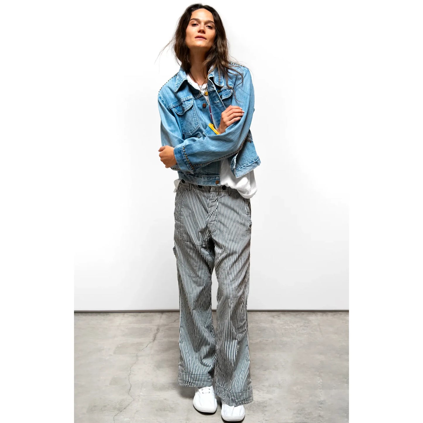 Women's Freecity Indigo Stripe French/Sailors Pant with wide-leg fit and classic sailor stripe pattern on light fabric.
