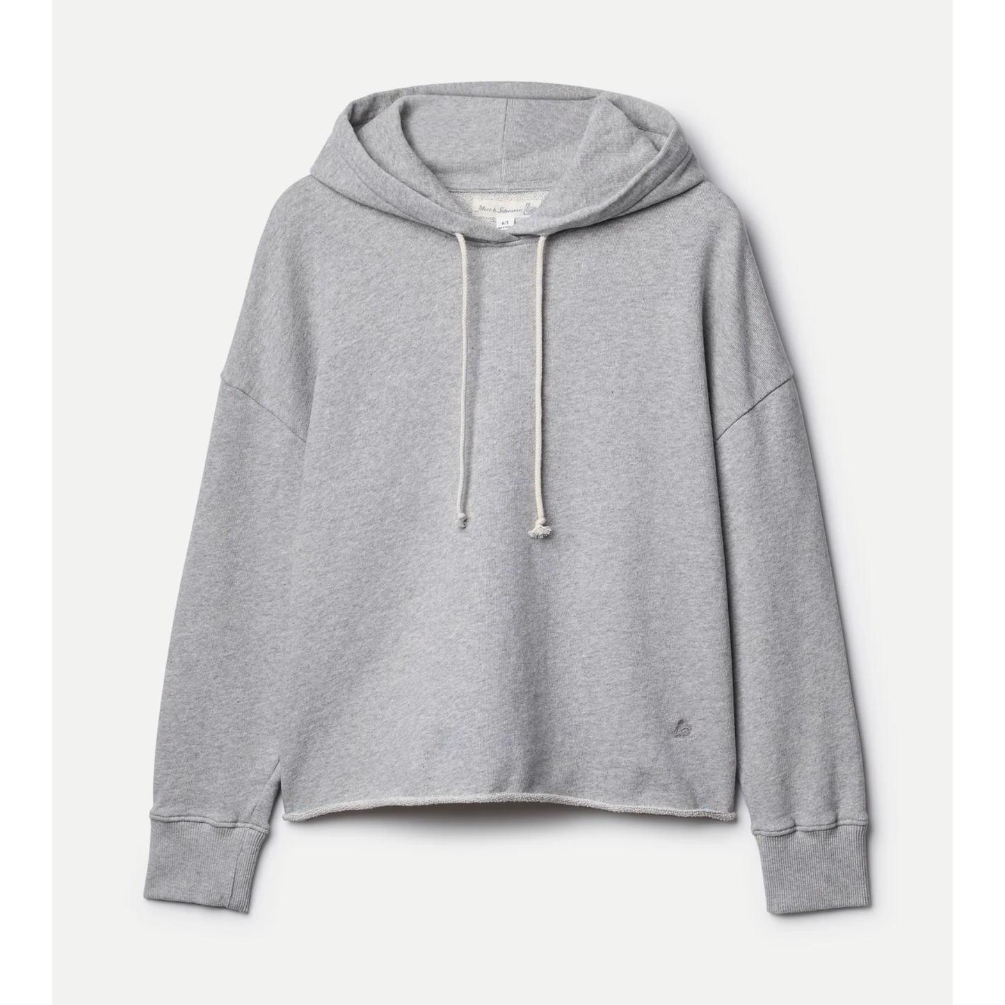 Women's grey melange fleece hoodie with raw hem by Merz b. Schwanen, featuring a cozy, vintage-inspired design.