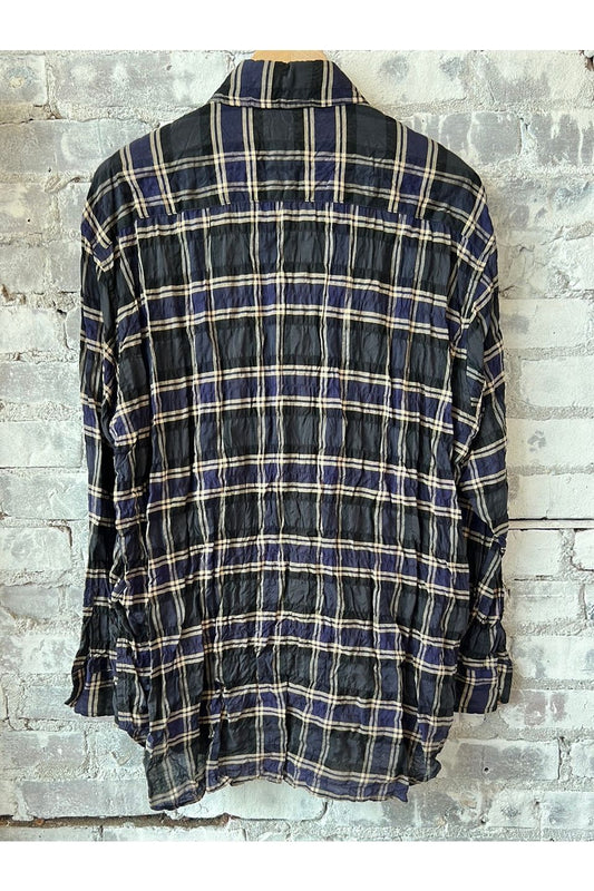 Shirring Check Regular Collar Long Shirt - Navy Plaid - DUNE + SALT