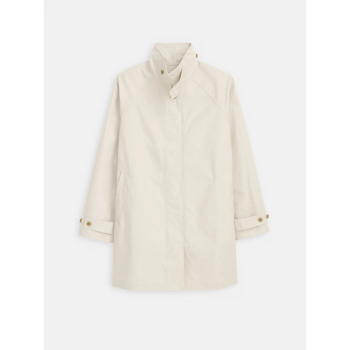 Women's Madeleine Trench coat by Alex Mill in cotton blend fabric, stone color, shown on a model.