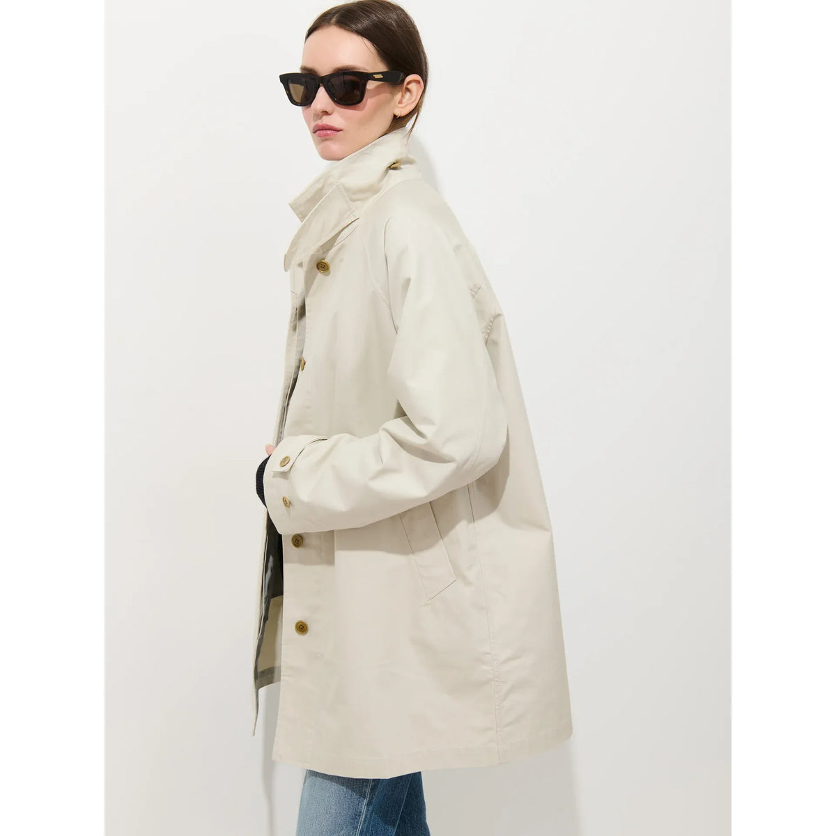 Women's Madeleine trench coat in cotton blend by Alex Mill, stone color, with classic collar and button details.