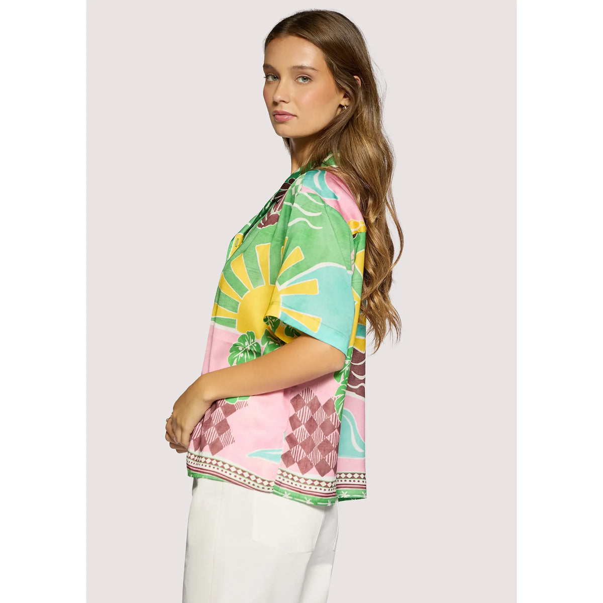 Women's Isla Spell Button Down Shirt in green multi by Lost + Wander, featuring a stylish, colorful pattern and classic collar.