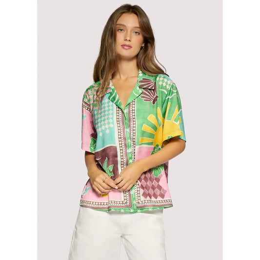 Women's Isla Spell Button Down Shirt in Green Multi by Lost + Wander, featuring a stylish, patterned design and classic collar.