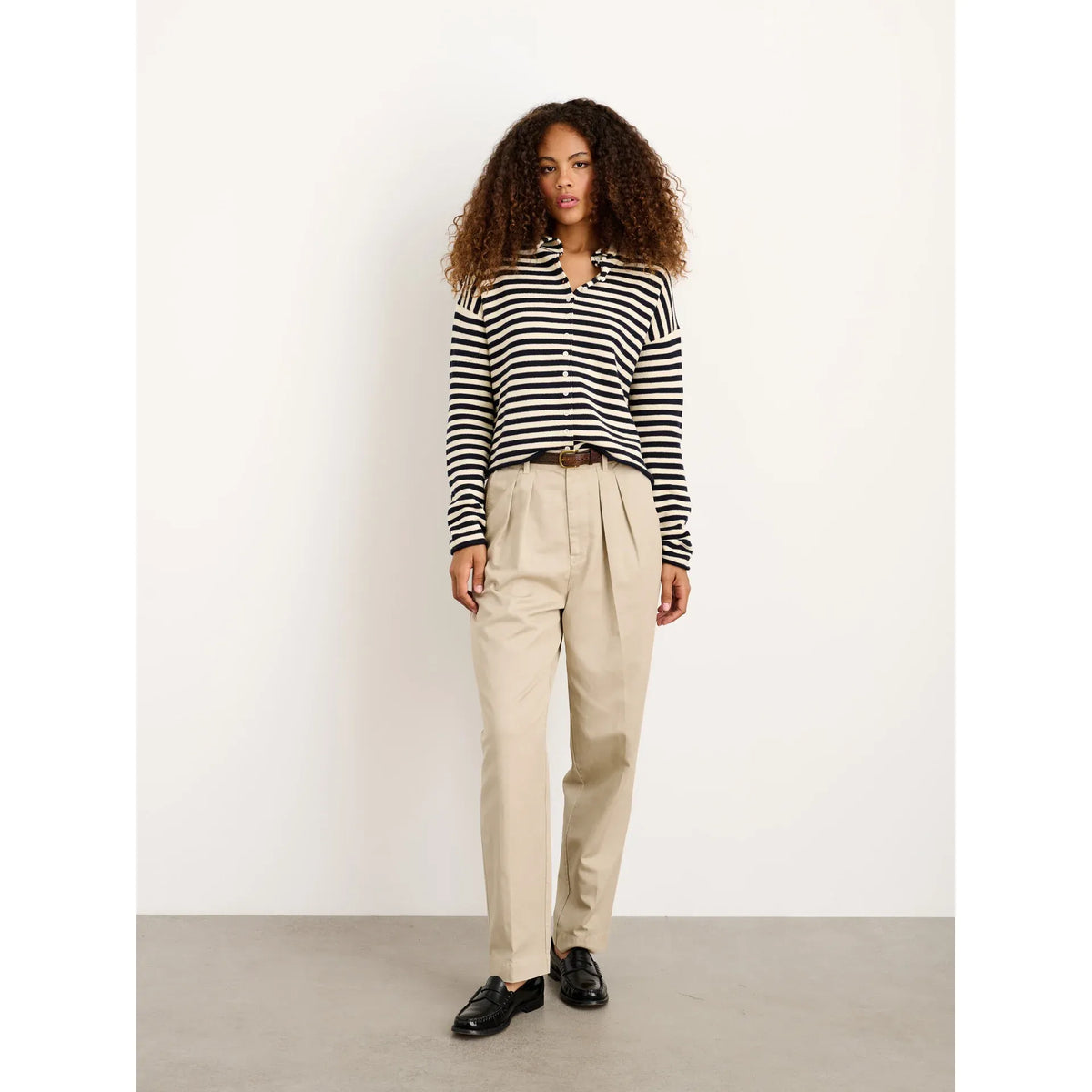 Women's navy and ivory striped cotton cashmere cardigan by Alex Mill, featuring a cozy, stylish knit pattern.