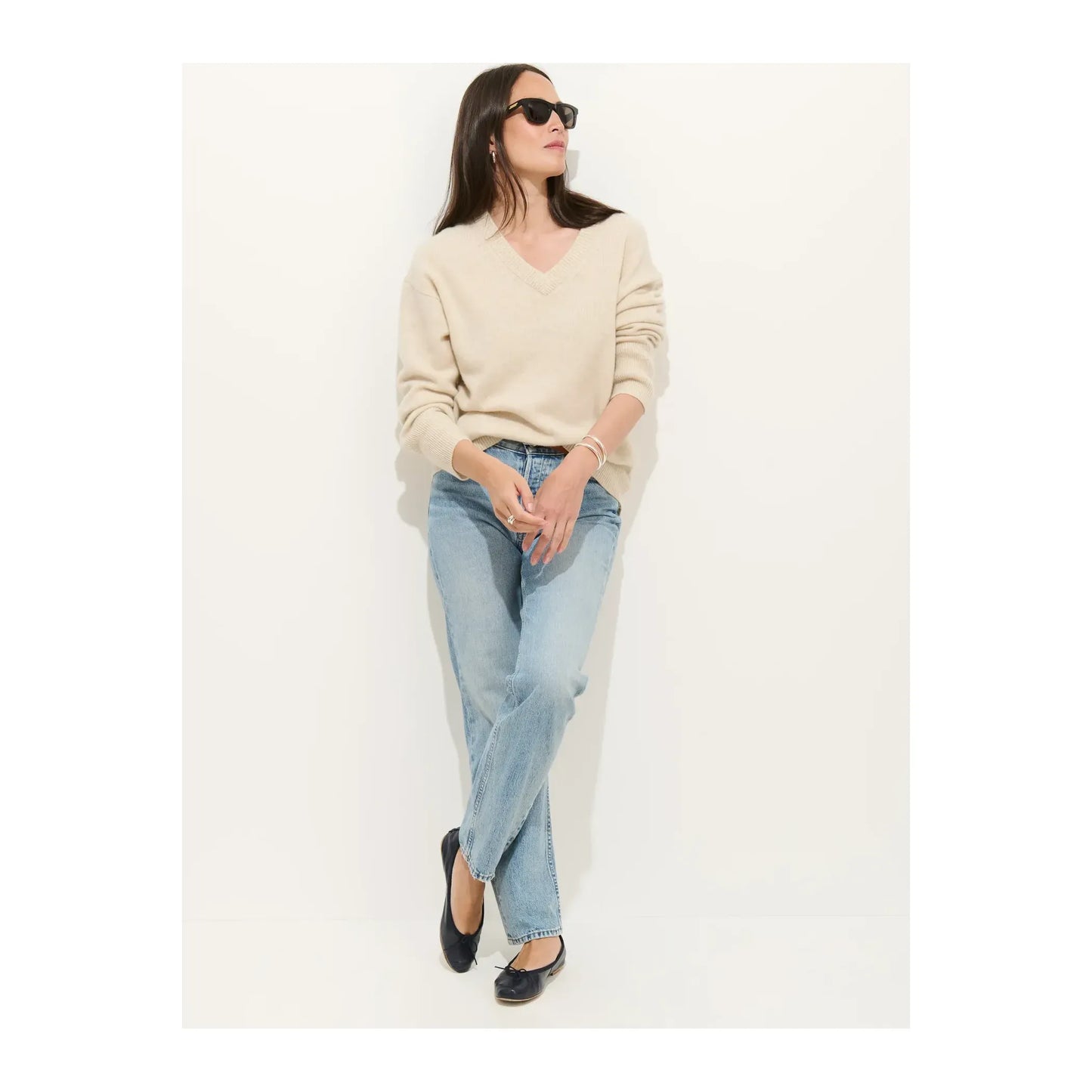 Rowan Cashmere V-Neck Sweater - Heather Ecru - DUNE + SALT