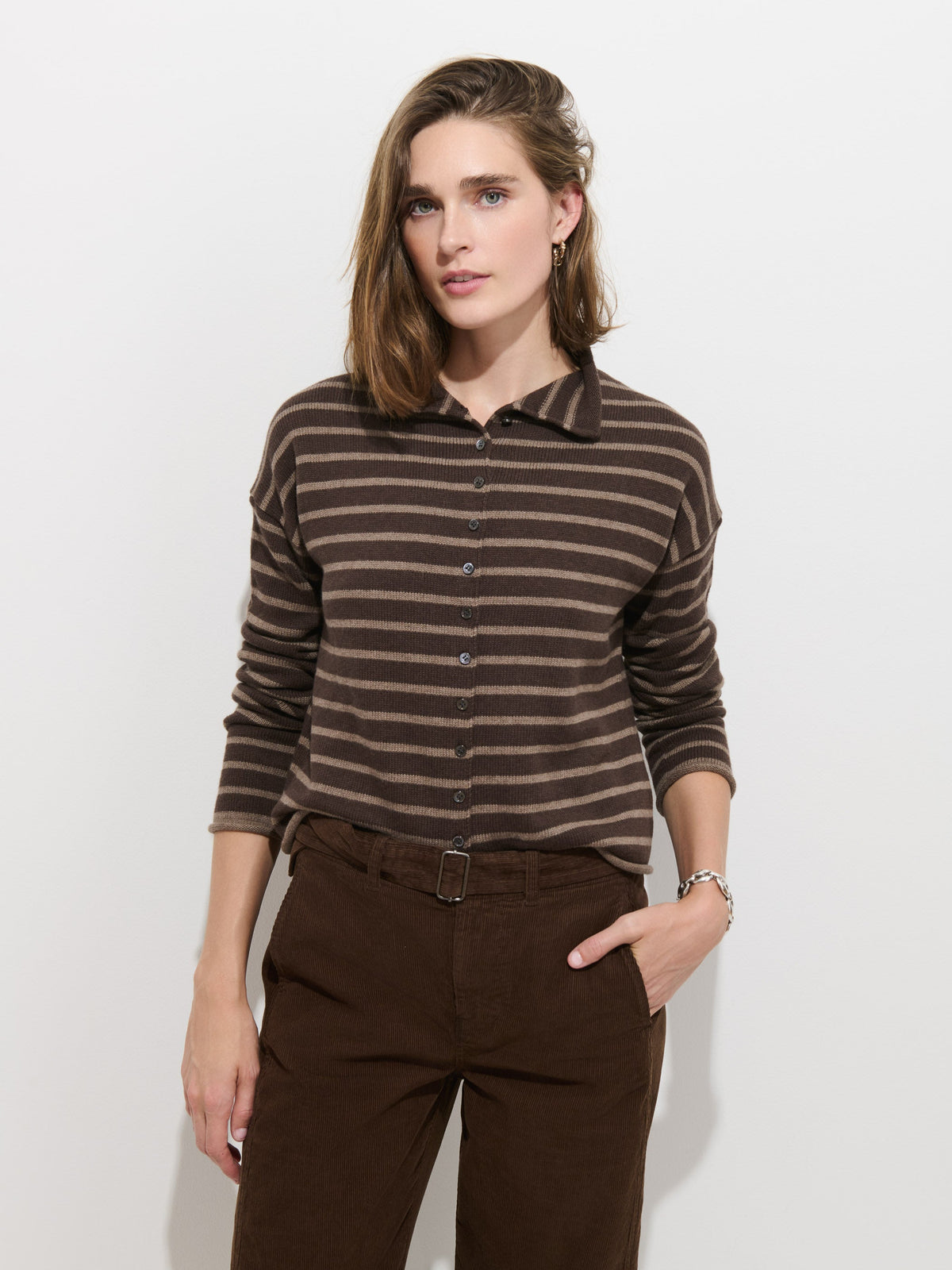 Taylor Striped Cardigan in Cotton Cashmere - Chocolate/Truffle