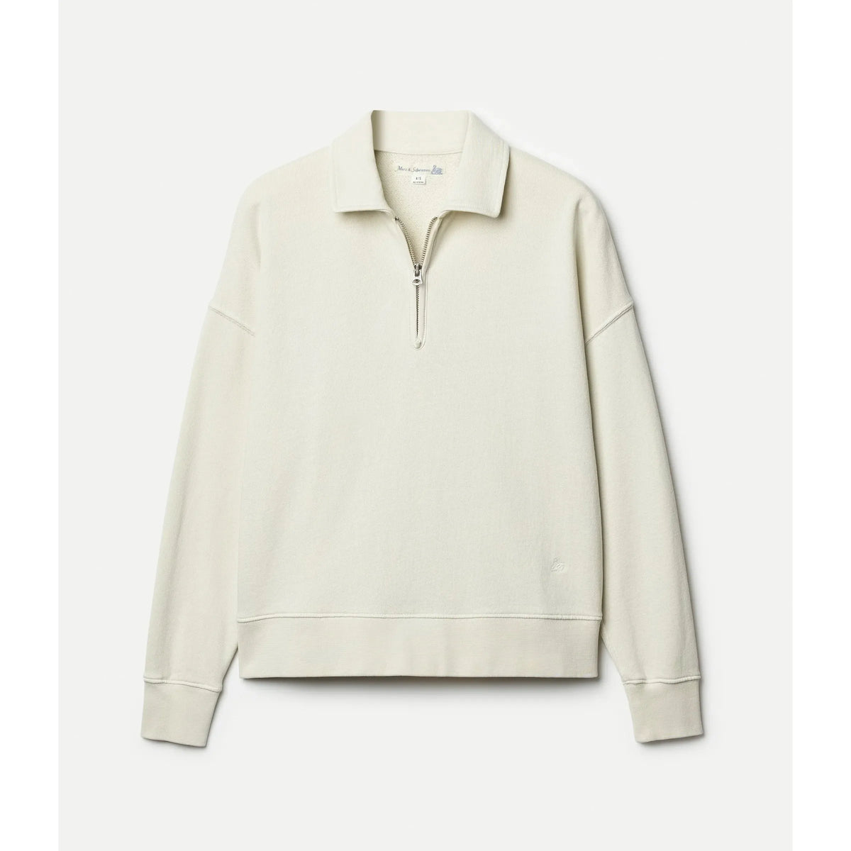 Merz b. Schwanen women's cropped retro fleece half-zip sweatshirt in cashew, showing close-up of fabric and half-zip detail