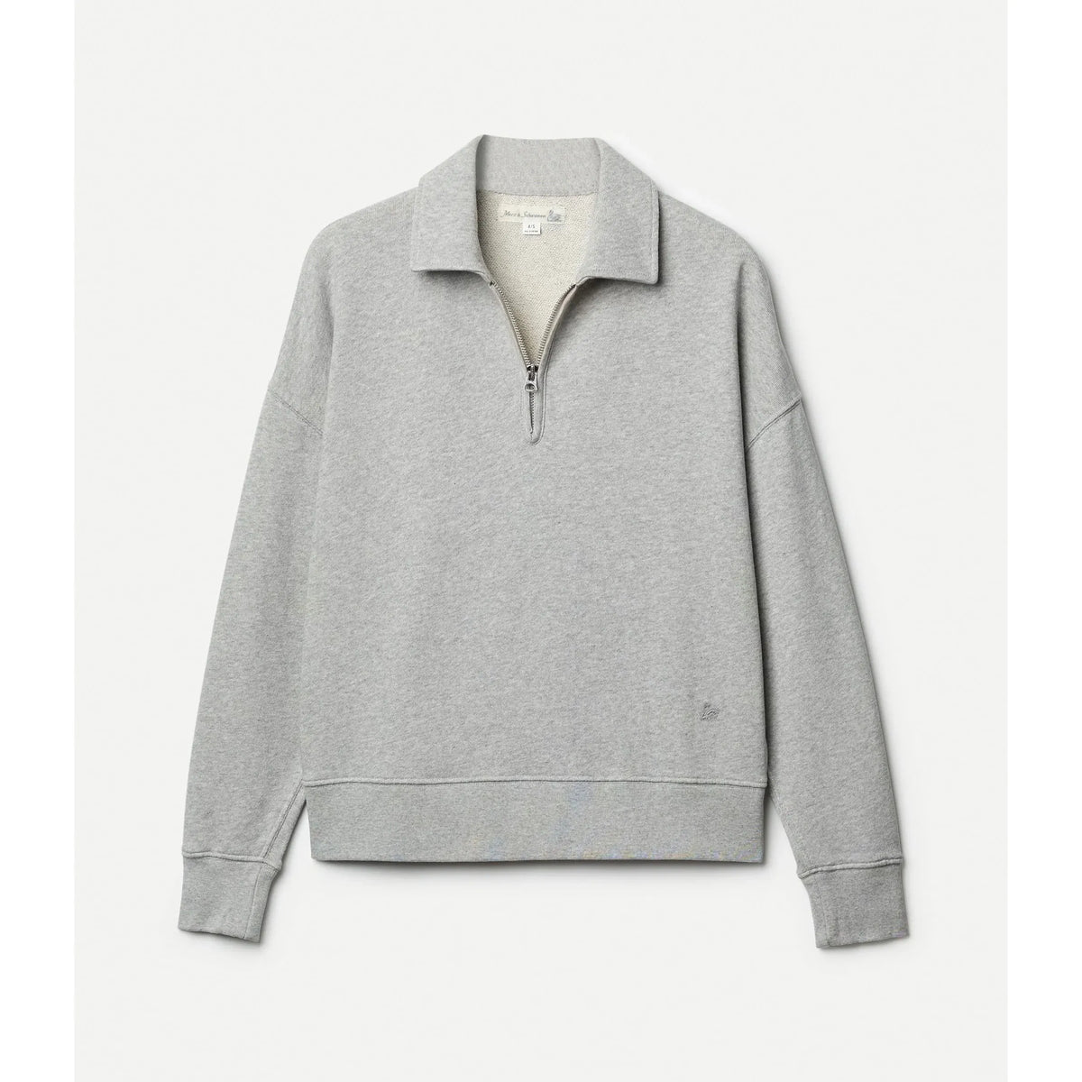 Merz b. Schwanen women's cropped grey melange fleece half-zip sweatshirt with a relaxed fit and ribbed cuffs.