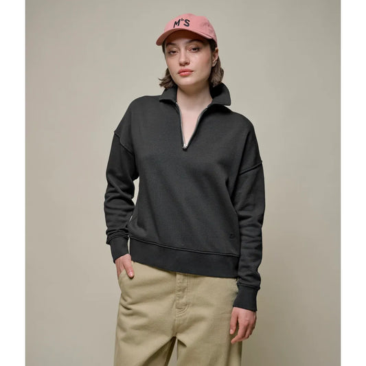 Merz b. Schwanen Cropped Retro Fleece Women's Half-Zip Sweatshirt - Charcoal Dark Gray