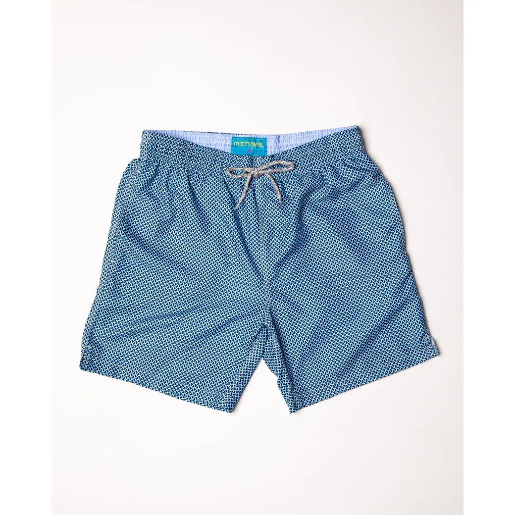 Men's Cyclist Liner Swim Trunks - Wave Print Navy/Sky - DUNE + SALT