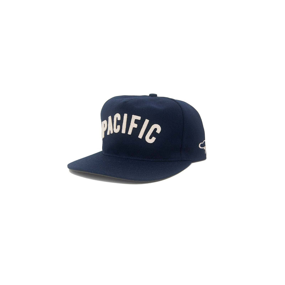 Pacific IV Snapback hat by The Ampal Creative in navy and white with a flat brim and adjustable strap.