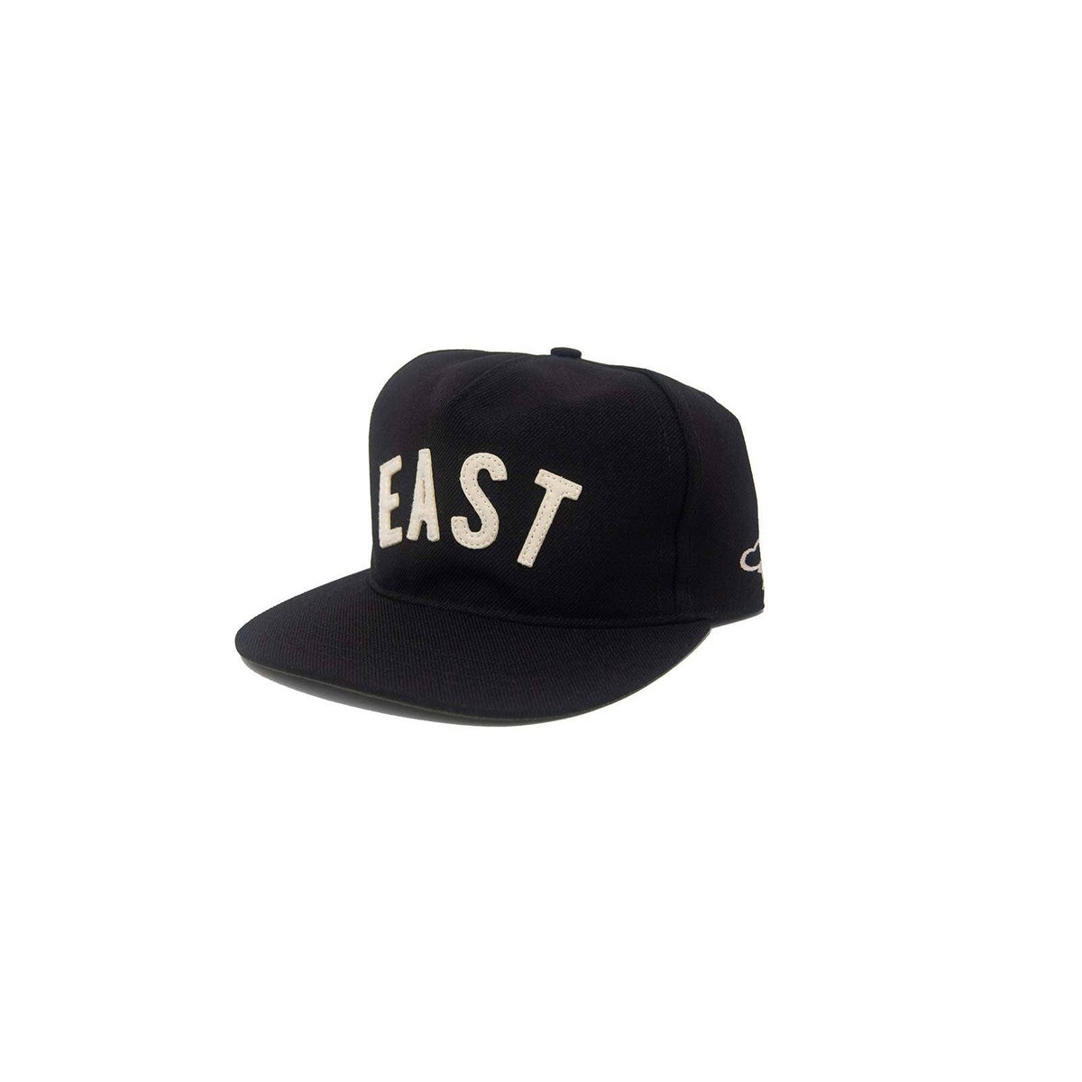 Black EAST Snapback hat by The Ampal Creative, showing the adjustable snapback closure and branded front panel.