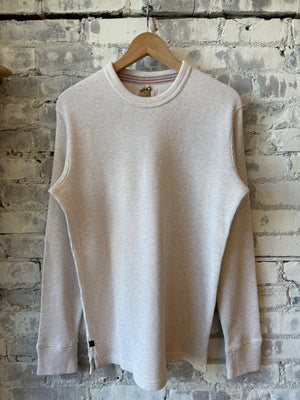 Men's Bi-Waffle Crew in Oatmeal Heather by Relwen, featuring a soft, textured waffle-knit fabric and classic crew neckline.