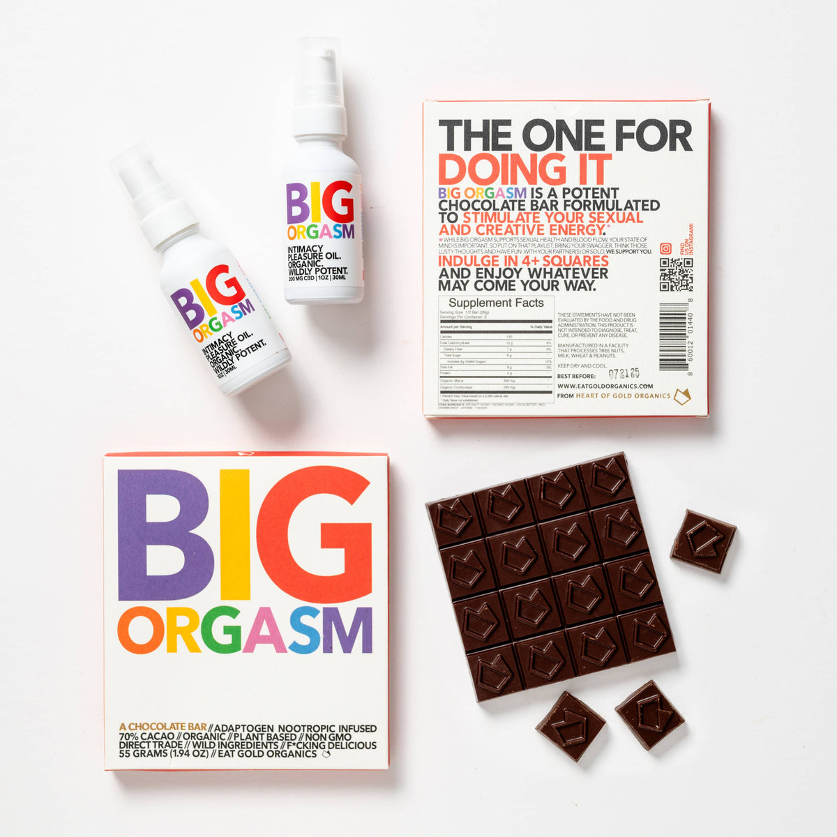 Eat Gold Organics BIG ORGASM chocolate bar, a potent functional and delicious chocolate accessory with rich, textured surface detail.