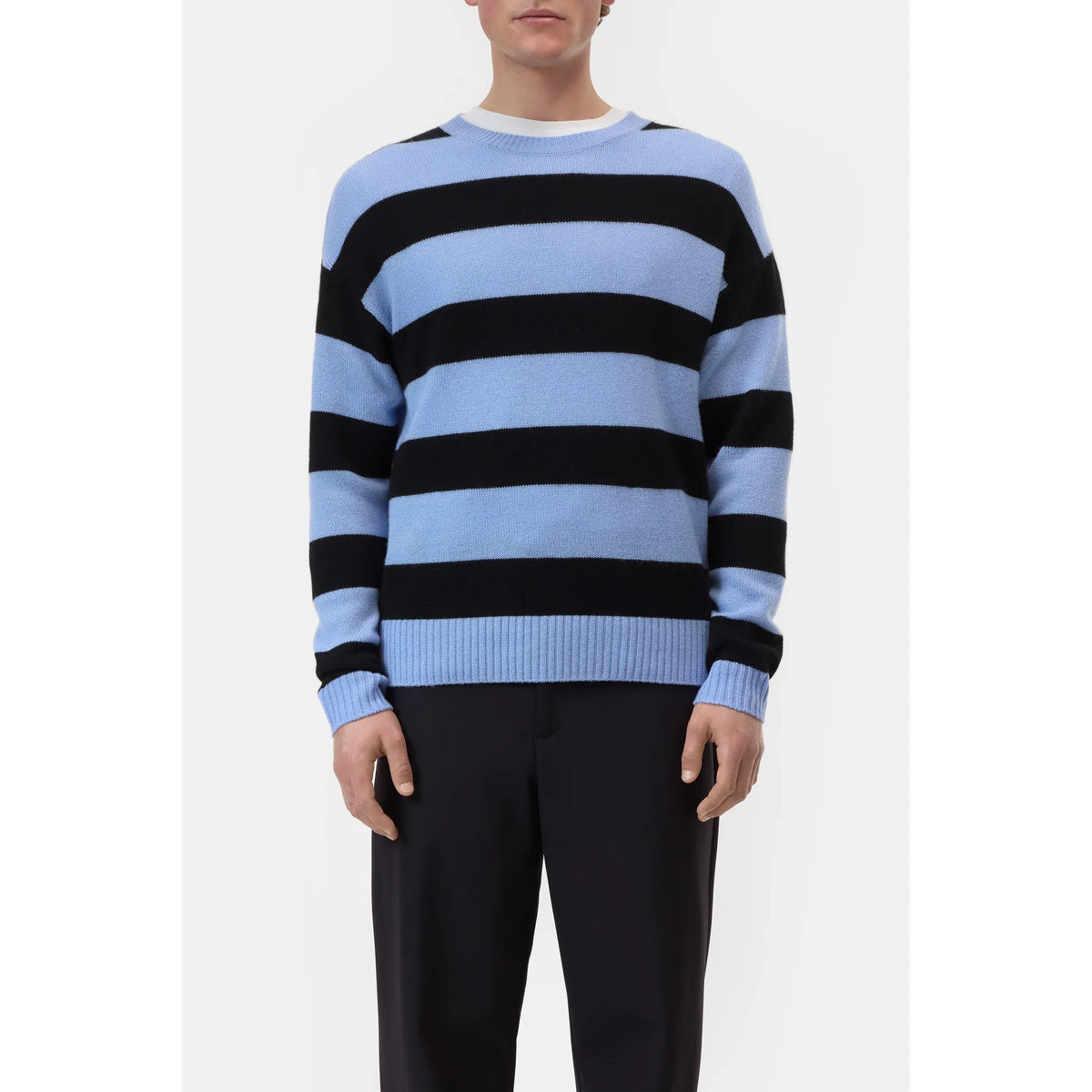 Men's sky blue and black striped cashmere jumper by Closed, featuring a soft knit and classic striped pattern.