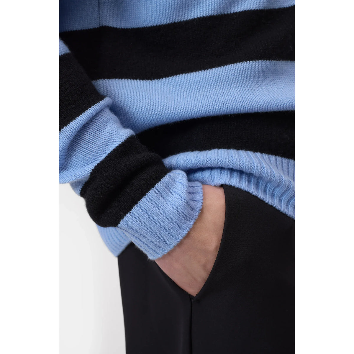 Men's cashmere striped jumper in sky blue and black, featuring a classic pattern and soft, comfortable fabric from Closed Men's.