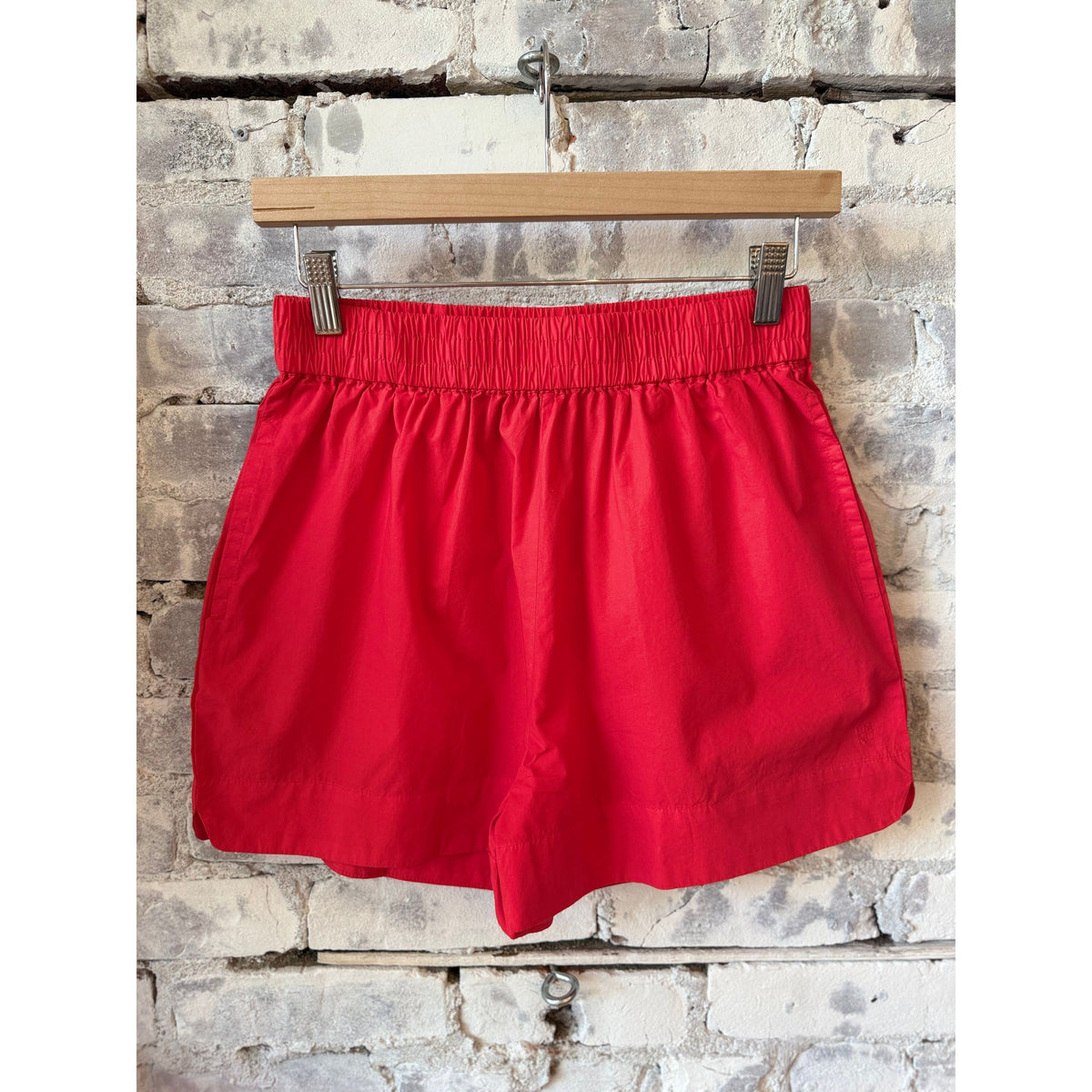 Women's Chiara Shorts in True Red by LMND, showcasing the vibrant color and stylish fit of the casual summer shorts.