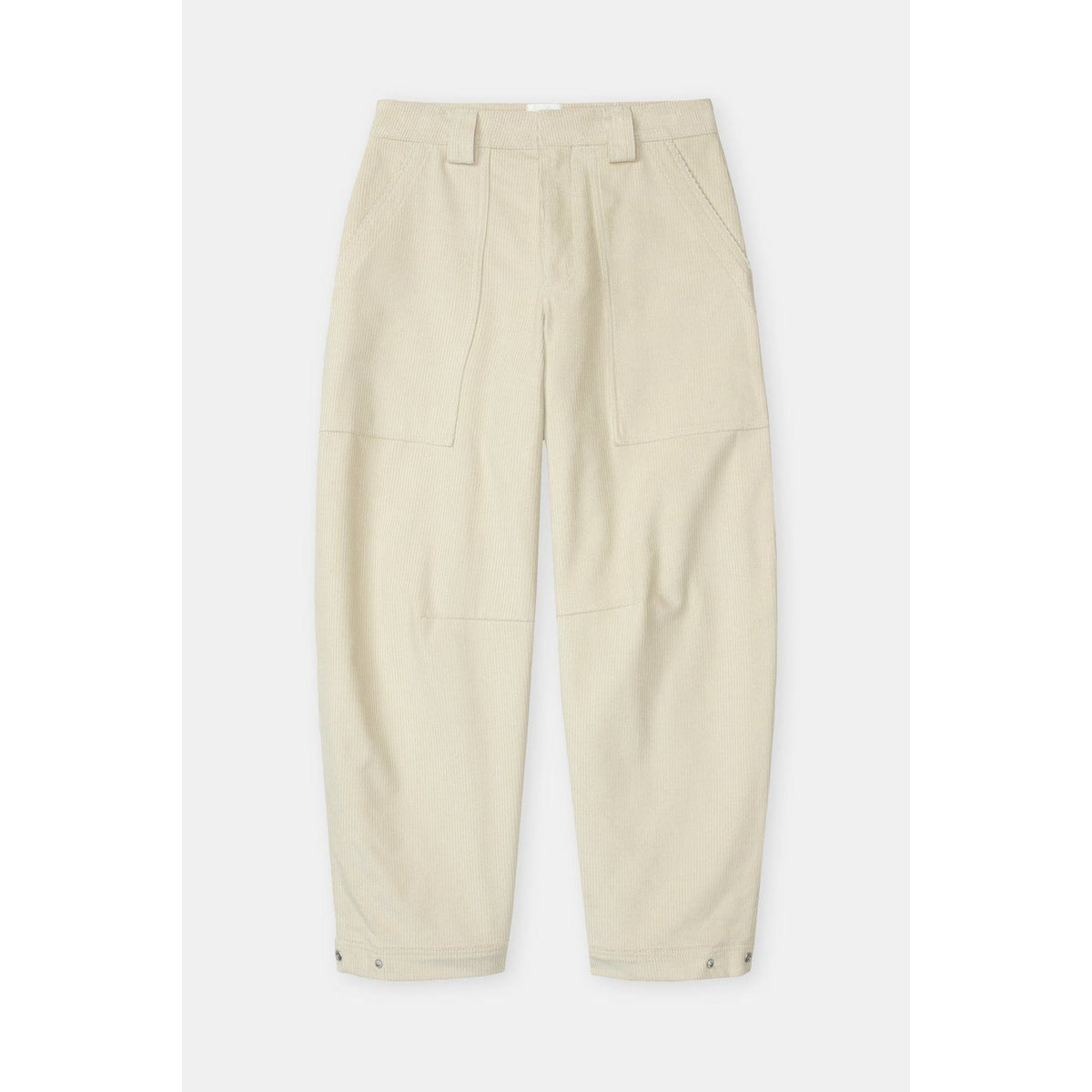 Women's Rhannon Relaxed Corduroy Pants in Pearl Beige by Closed, shown laying flat with a relaxed fit and textured corduroy fabric.