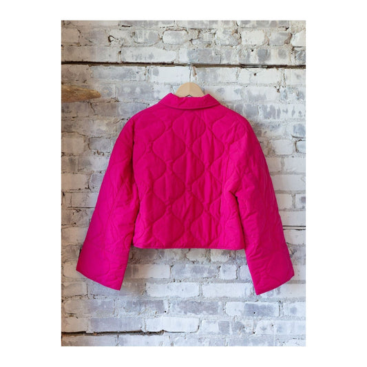Women's raspberry pink cropped puffer jacket by Closed Women's, featuring a stylish, quilted design and a snug fit.