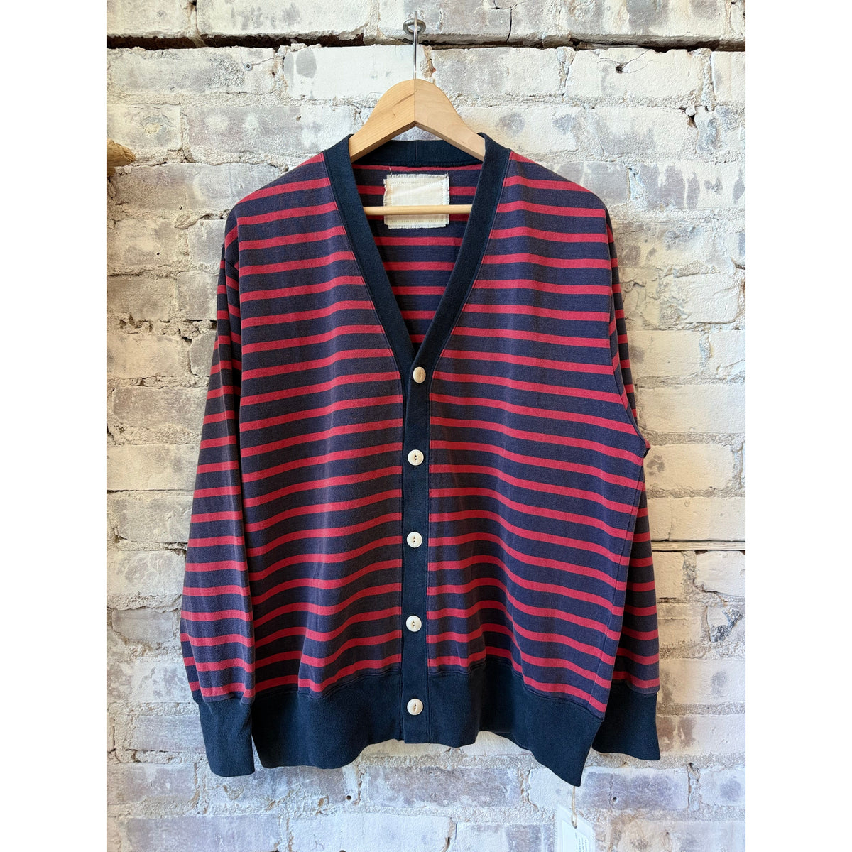 V::Room Cotton Heavy Boarder V-Cardigan - Navy/Red Light Gray