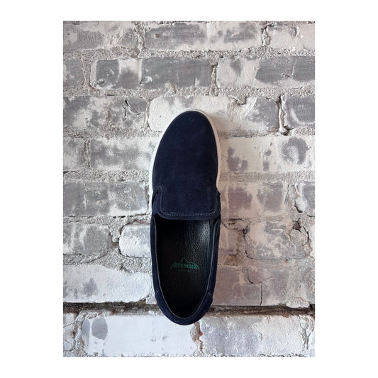 Men's navy Garda Suede Low Slip-On shoe by Diemme, showcasing the stylish suede upper and comfortable slip-on design.