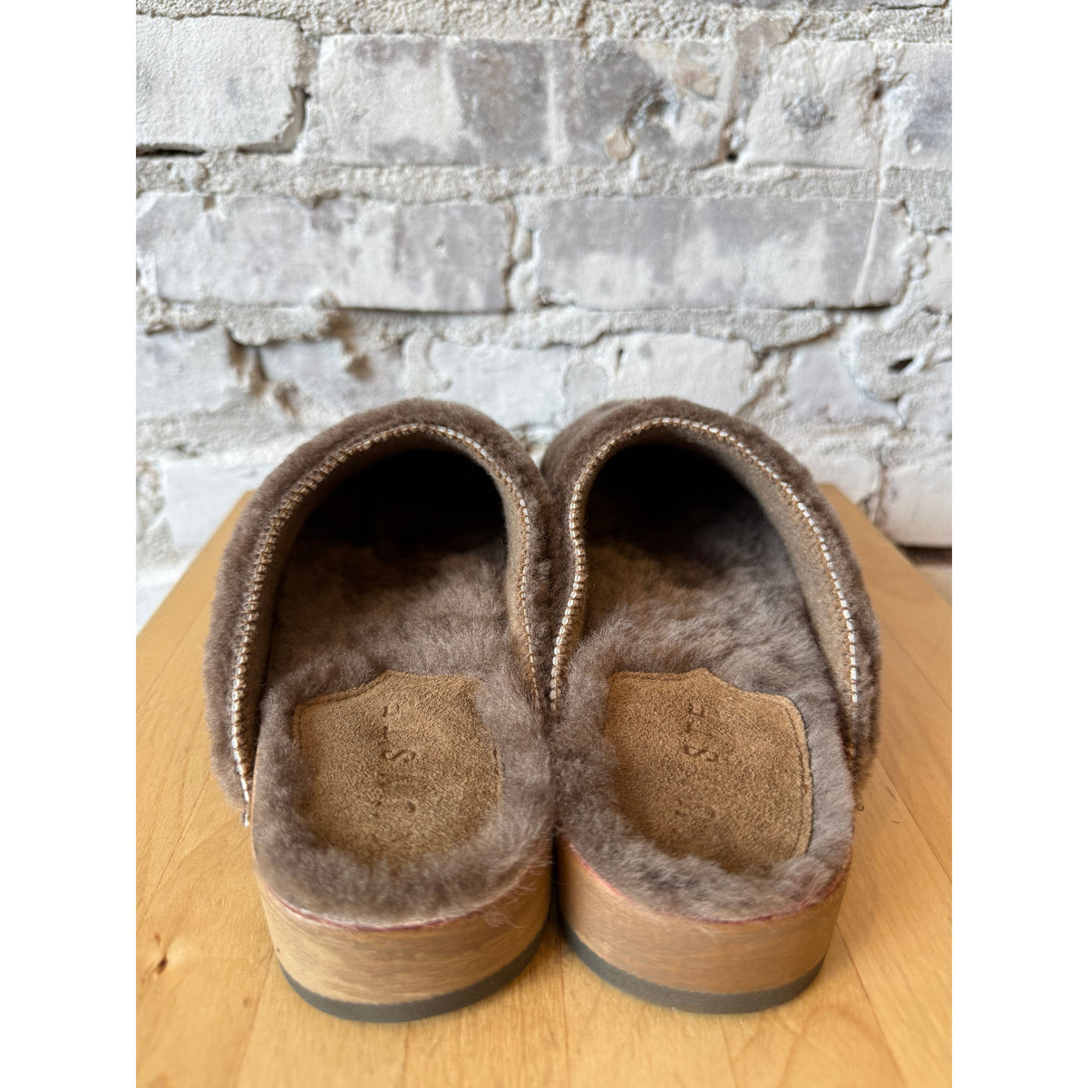 Inside-out Ella Cashmere and Lambswool Clog in Umber by Kunsten Clogs, showcasing the cozy, textured footwear design.