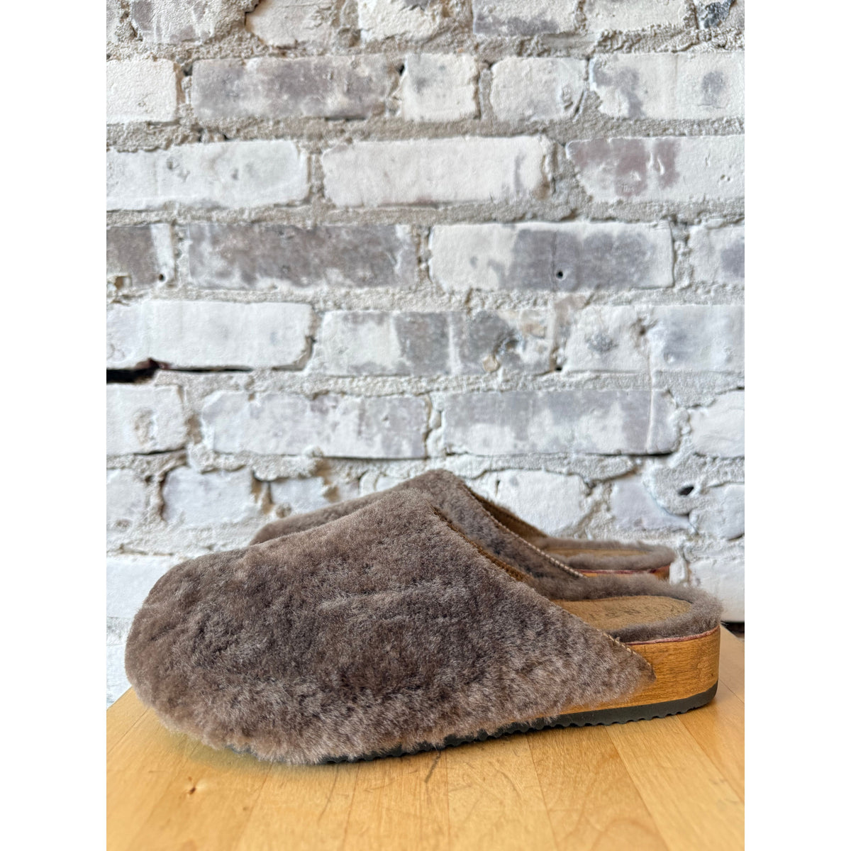 Kunsten Clogs Ella Cashmere and Lambswool Clog in Umber, showing the cozy inside-out design and textured footwear.