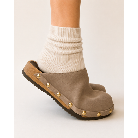Ella Taupe Suede Studs styled with socks