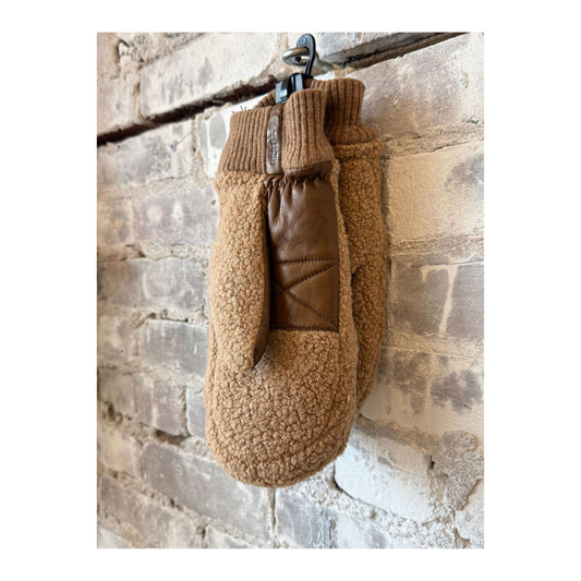 Women's Hestra Emilia Wool Mitten in camel light brown, featuring soft wool fabric and cozy design for winter warmth.