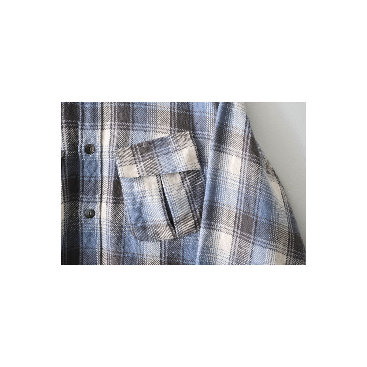Men's blue check fatigue flannel shirt by Fujito, featuring a classic plaid pattern and comfortable fit.