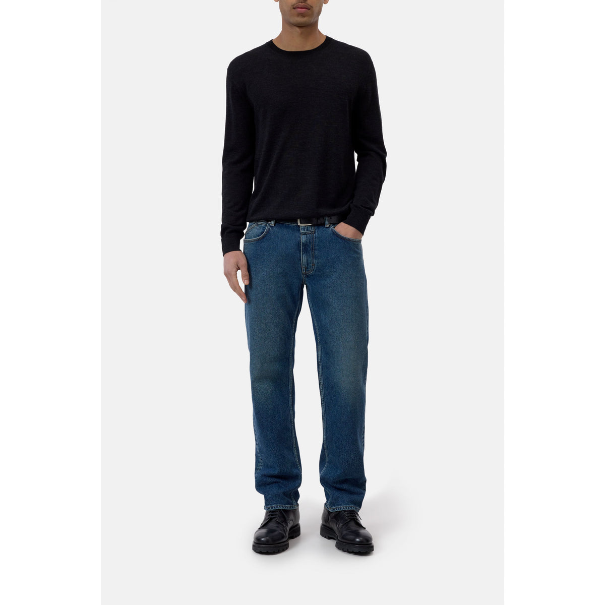 Men's black melange fine-knit crewneck jumper by Closed Men's, showcasing a close-up of the soft, textured fabric and classic fit.