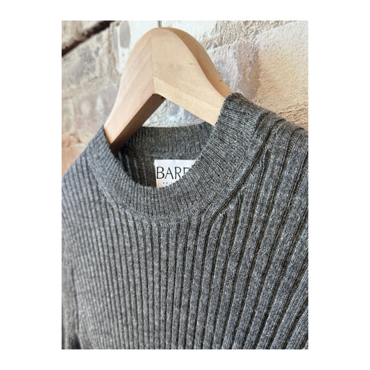 Women's Bare Knitwear fine knit rib top in stone color, close-up of textured ribbed fabric and fitted style.