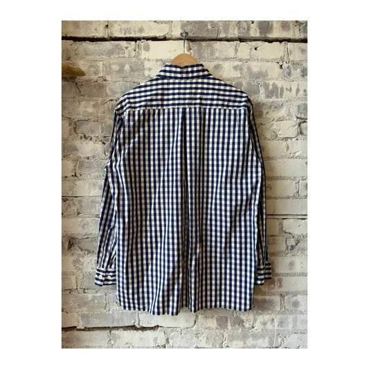Men's navy gingham check shirt with regular collar from Sage De Cret, showcasing the classic pattern and tailored fit.
