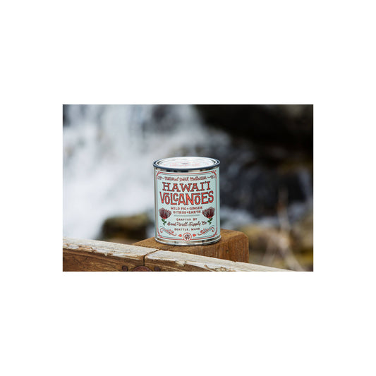 Hawai'i Volcanoes National Park 1/2 pint candle by Good & Well Supply Co., featuring a volcanic landscape design.