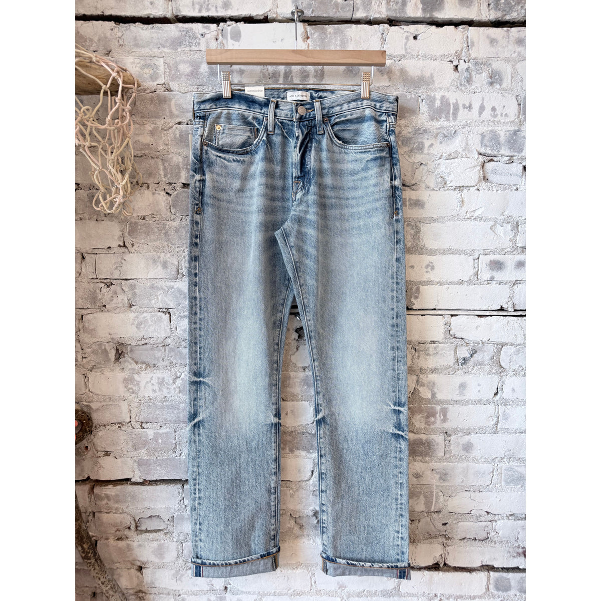 Men's Ace Rivington Harlan Straight Archive Selvedge jeans in 12oz Decade Wash, showing dark denim with subtle fading and classic stitching.