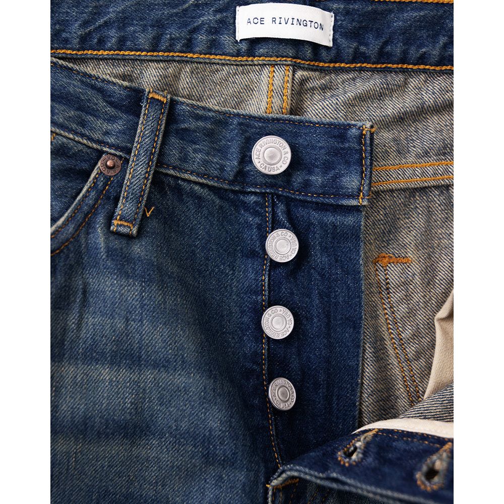 Men's Ace Rivington Harlan Straight Archive Selvedge 12oz jeans with mechanic wash finish, displayed on a hanger.