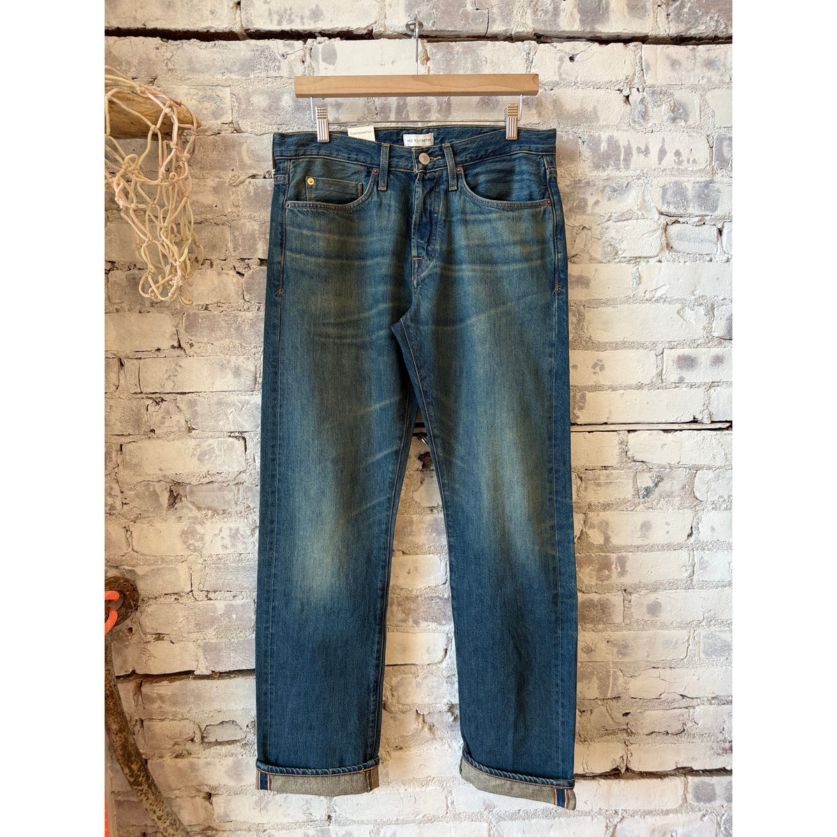 Men's Harlan Straight Archive Selvedge 12oz jeans by Ace Rivington in mechanic wash, showing the faded denim and classic straight fit.