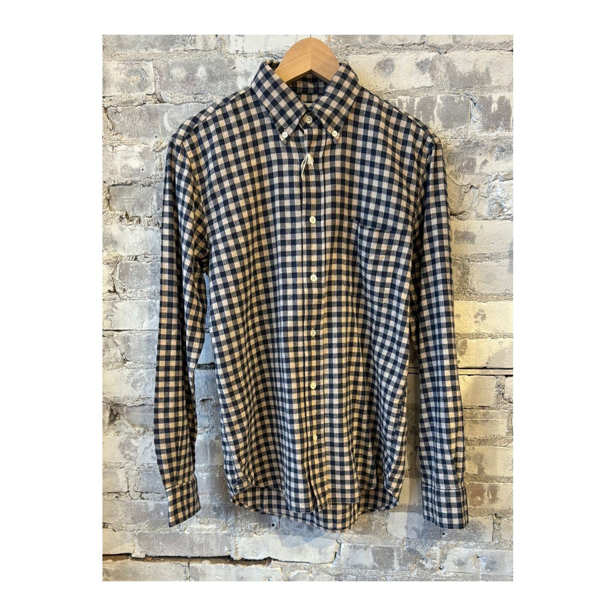 Men's Hartford Pitt Gingham Flannel Shirt in beige and navy check pattern, soft cotton fabric, casual button-up style.