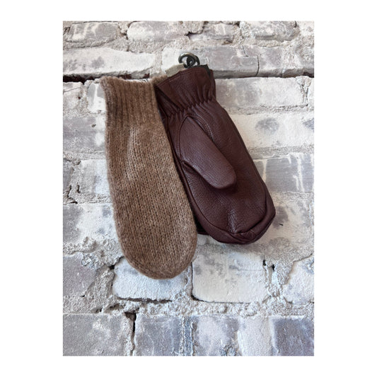 Women's Hestra Tiril Mitt in chocolate, showing close-up of insulated winter glove with soft lining and durable outer fabric.