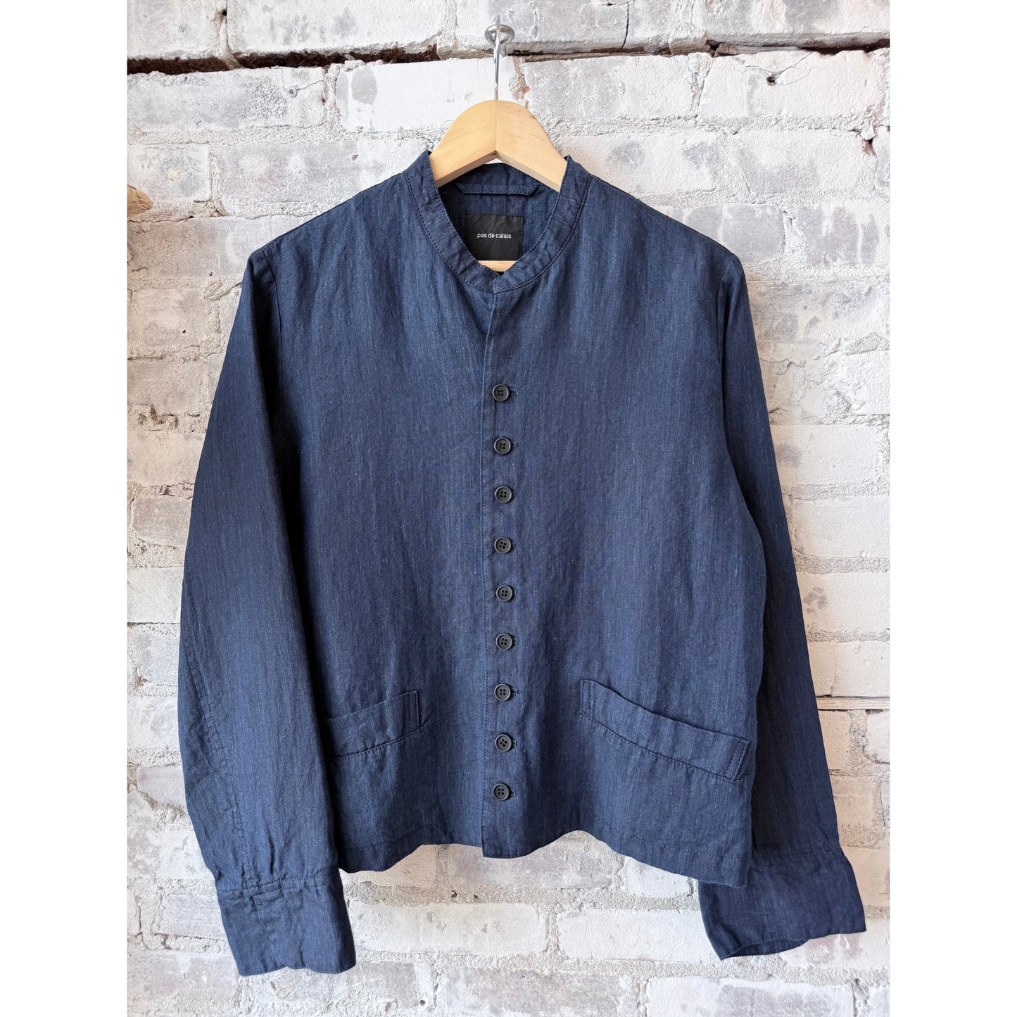 Women's Indigo Linen Chambray Jacket by Pas de Calais, dark indigo color, tailored fit, with collar and button details.
