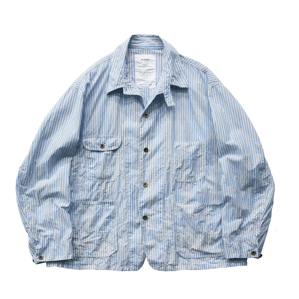 Men's blue Stripe Shirtalls by H-Unit, featuring button-up front, collar, and adjustable straps for a casual denim look.