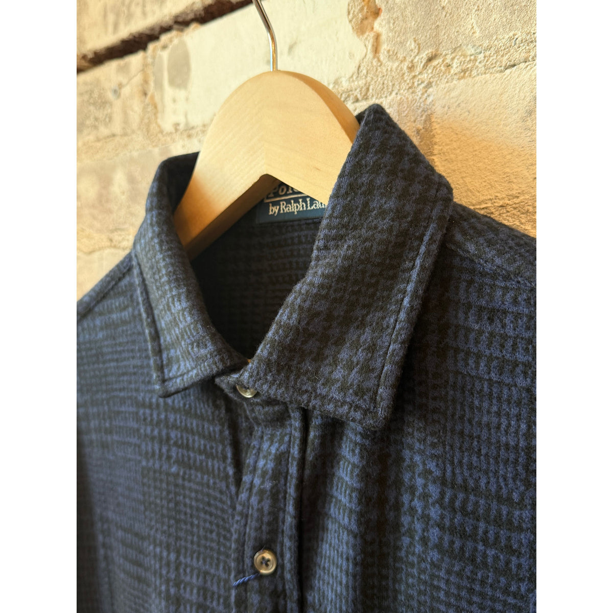 Men's Ralph Lauren jacquard knit flannel sport shirt in dark cobalt and black, featuring a textured pattern and classic fit.